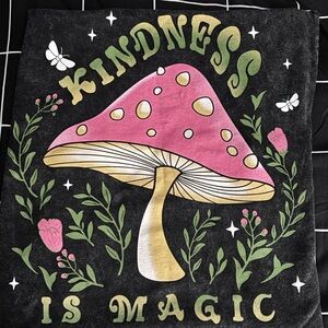 Miken Black Tee with Pink and Gold Mushroom Design